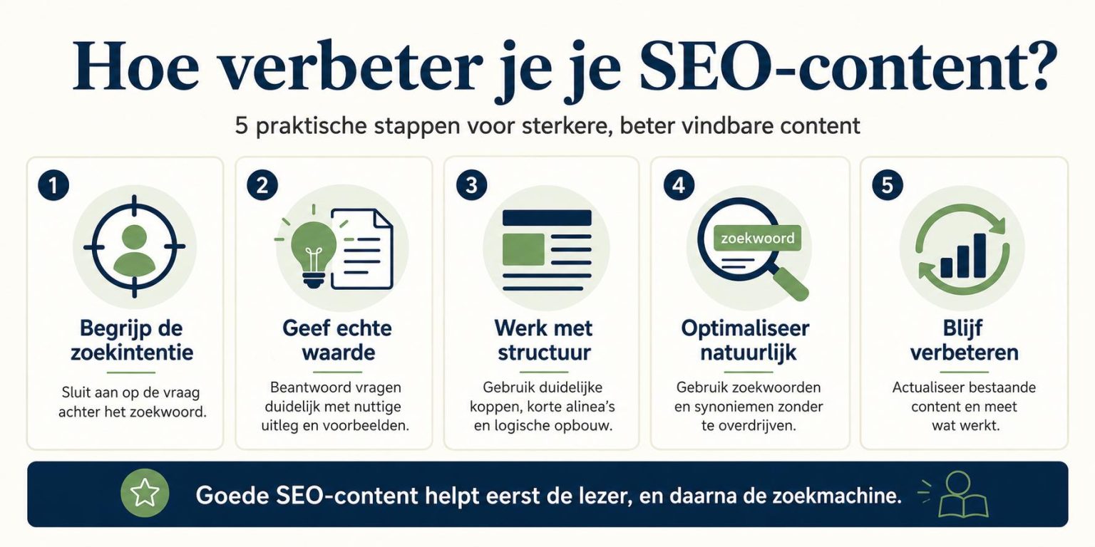 Visuele gids voor het verbeteren van SEO content met tips over zoekintentie, structuur en kwaliteit